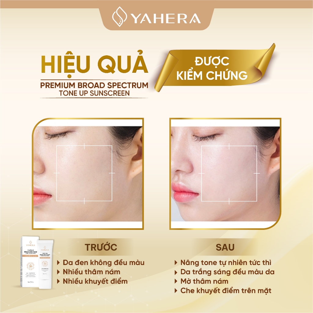 Kem chống nắng phổ rộng nâng tone 6 màng lọc chống nắng YAHERA Premium Sun Cream Broad Spectrum SPF50+ PA++++ 50g