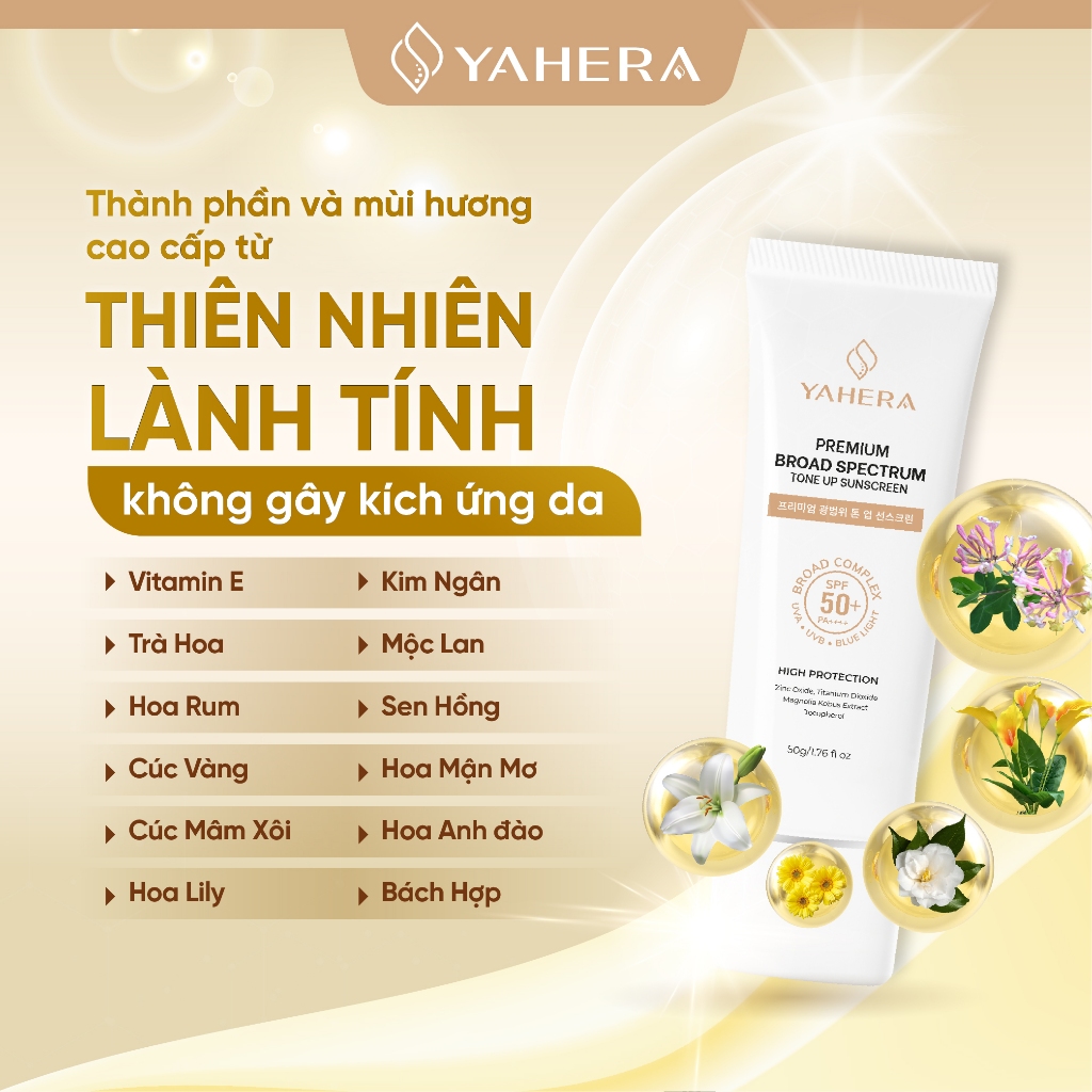 Kem chống nắng phổ rộng nâng tone 6 màng lọc chống nắng YAHERA Premium Sun Cream Broad Spectrum SPF50+ PA++++ 50g