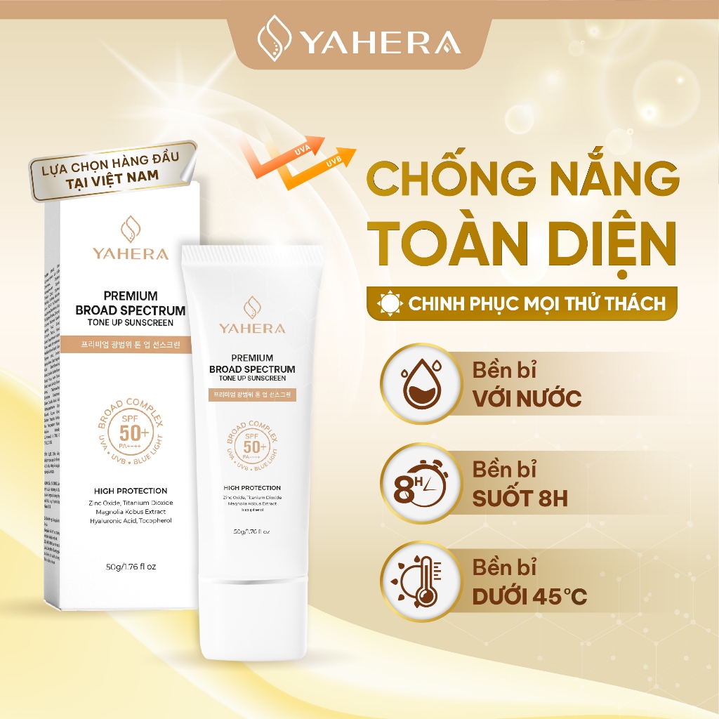 Kem chống nắng phổ rộng nâng tone 6 màng lọc chống nắng YAHERA Premium Sun Cream Broad Spectrum SPF50+ PA++++ 50g