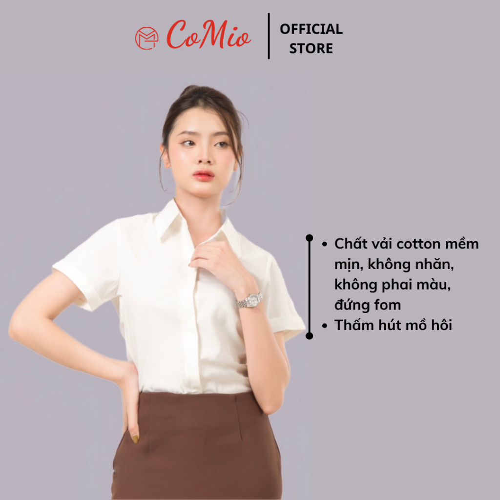 Áo sơ mi nữ tay ngắn CoMio công sở cộc tay che nút chất vải cotton mềm mịn,không , thoáng mát kiểu dáng hàn quốc
