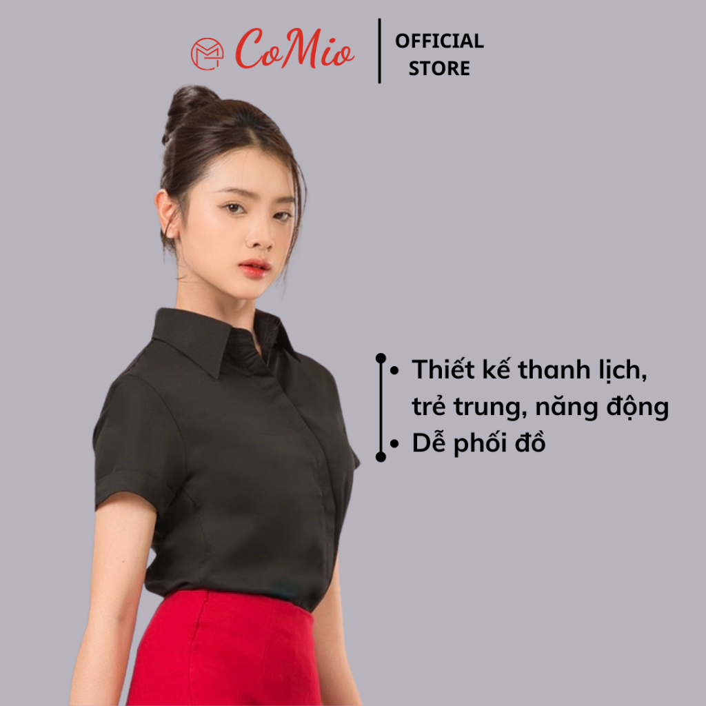 Áo sơ mi nữ tay ngắn CoMio công sở cộc tay che nút chất vải cotton mềm mịn,không , thoáng mát kiểu dáng hàn quốc