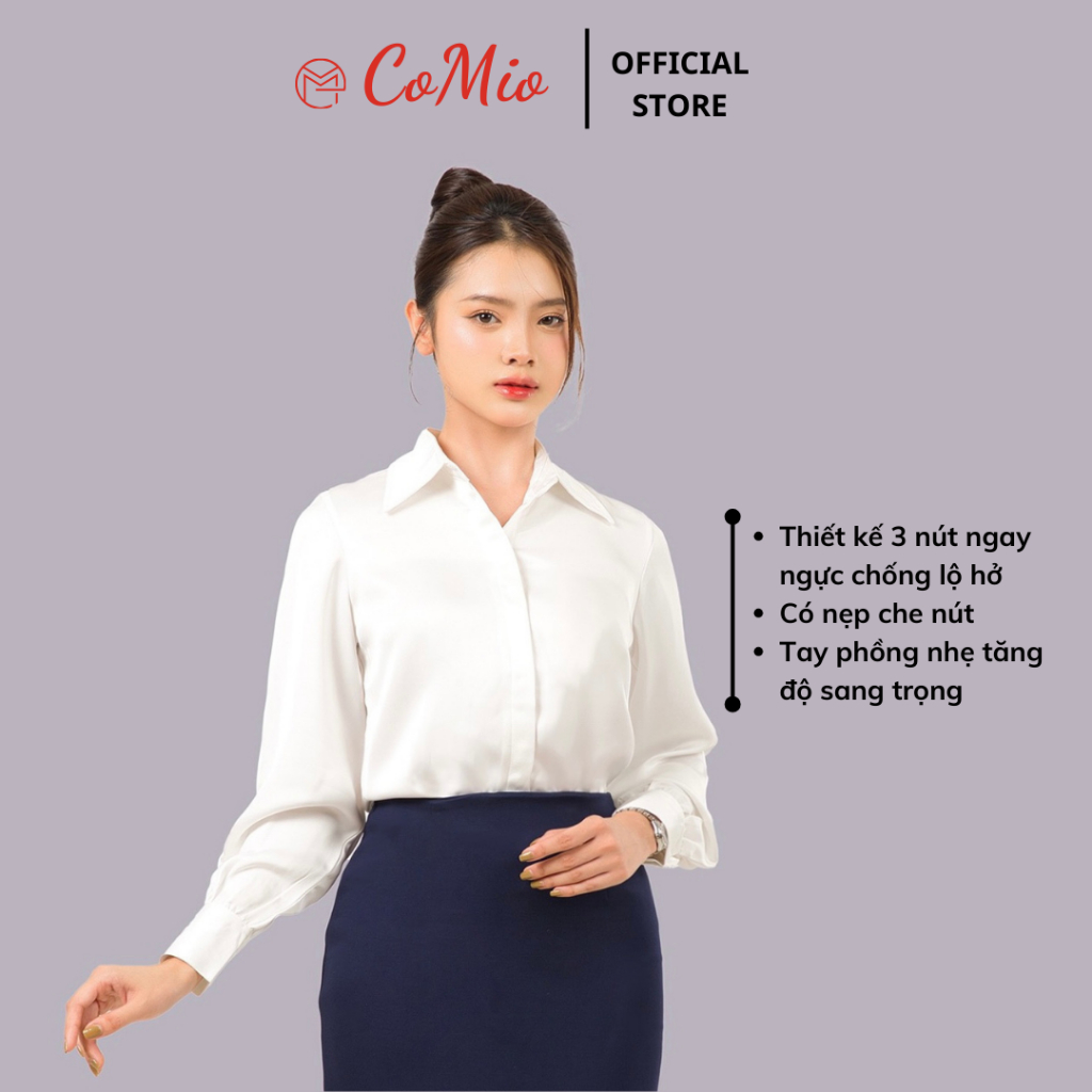 Áo sơ mi lụa cao cấp công sở cổ đức CoMio tay dài fom rộng chất lụa cao cấp không nhăn kiểu hàn quốc vintage ulzzang