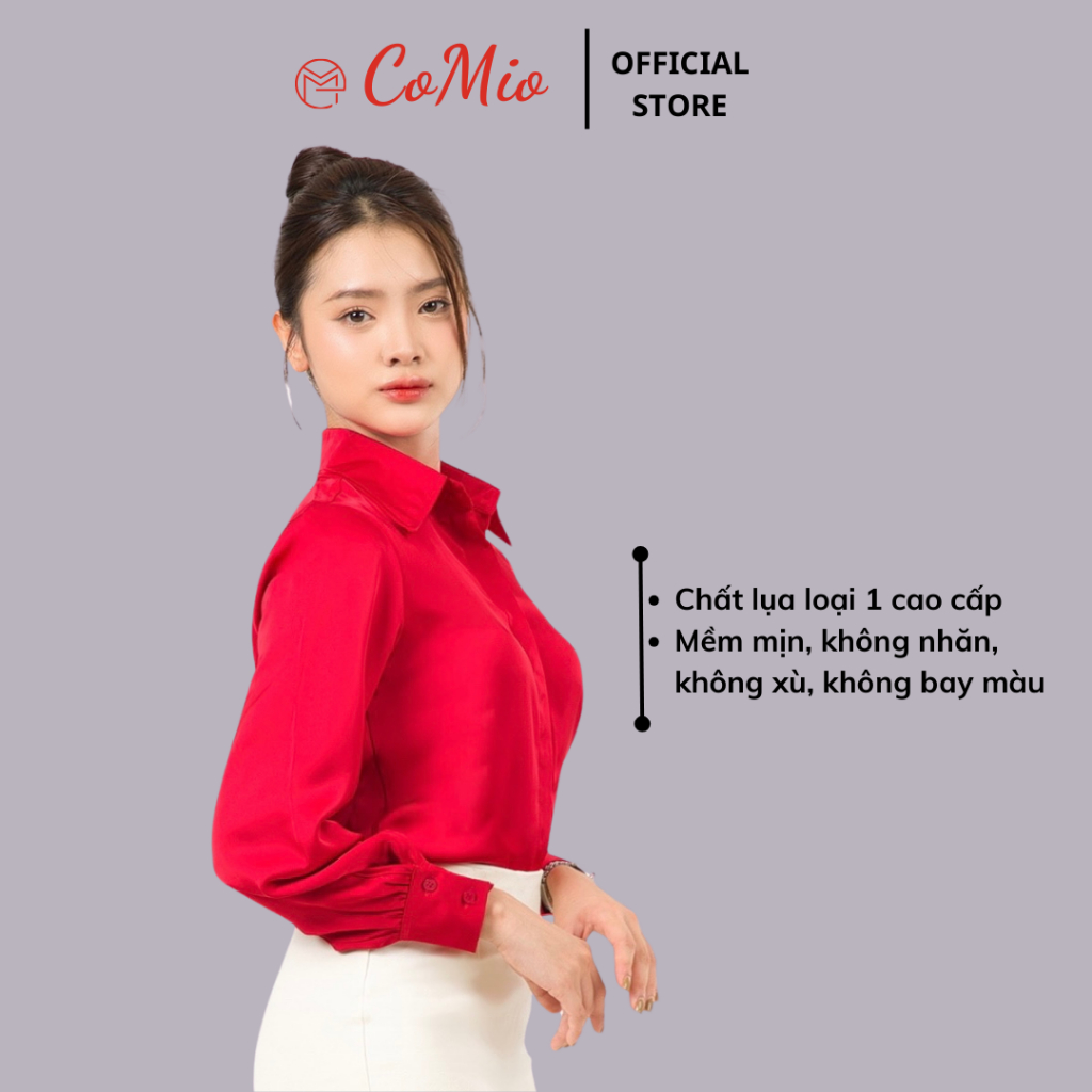 Áo sơ mi lụa cao cấp công sở cổ đức CoMio tay dài fom rộng chất lụa cao cấp không nhăn kiểu hàn quốc vintage ulzzang