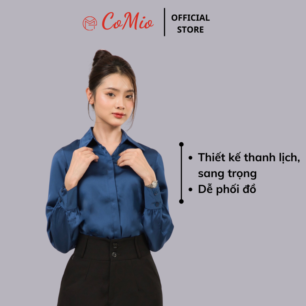 Áo sơ mi lụa cao cấp công sở cổ đức CoMio tay dài fom rộng chất lụa cao cấp không nhăn kiểu hàn quốc vintage ulzzang