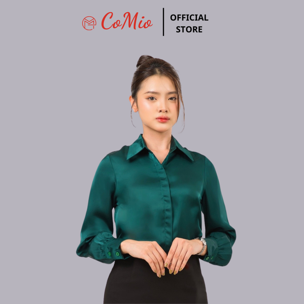 Áo sơ mi lụa cao cấp công sở cổ đức CoMio tay dài fom rộng chất lụa cao cấp không nhăn kiểu hàn quốc vintage ulzzang