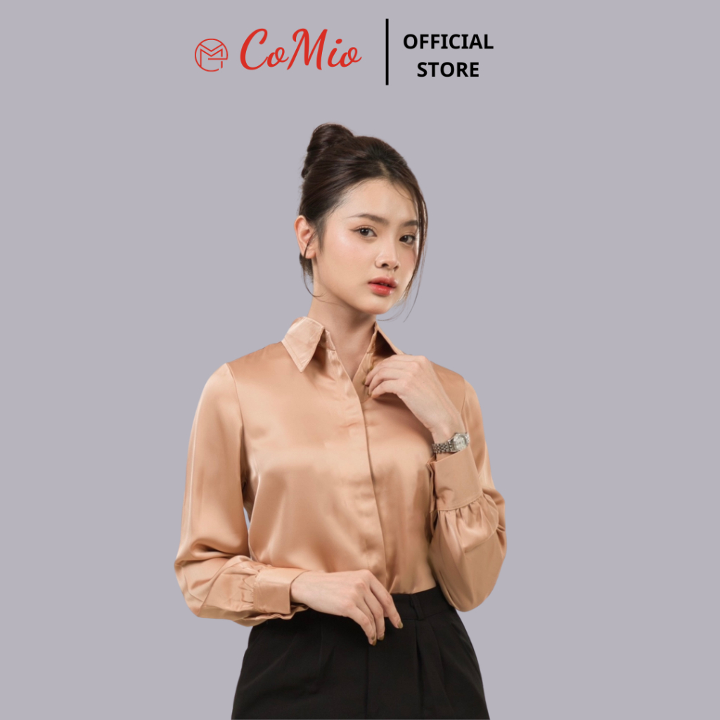 Áo sơ mi lụa cao cấp công sở cổ đức CoMio tay dài fom rộng chất lụa cao cấp không nhăn kiểu hàn quốc vintage ulzzang