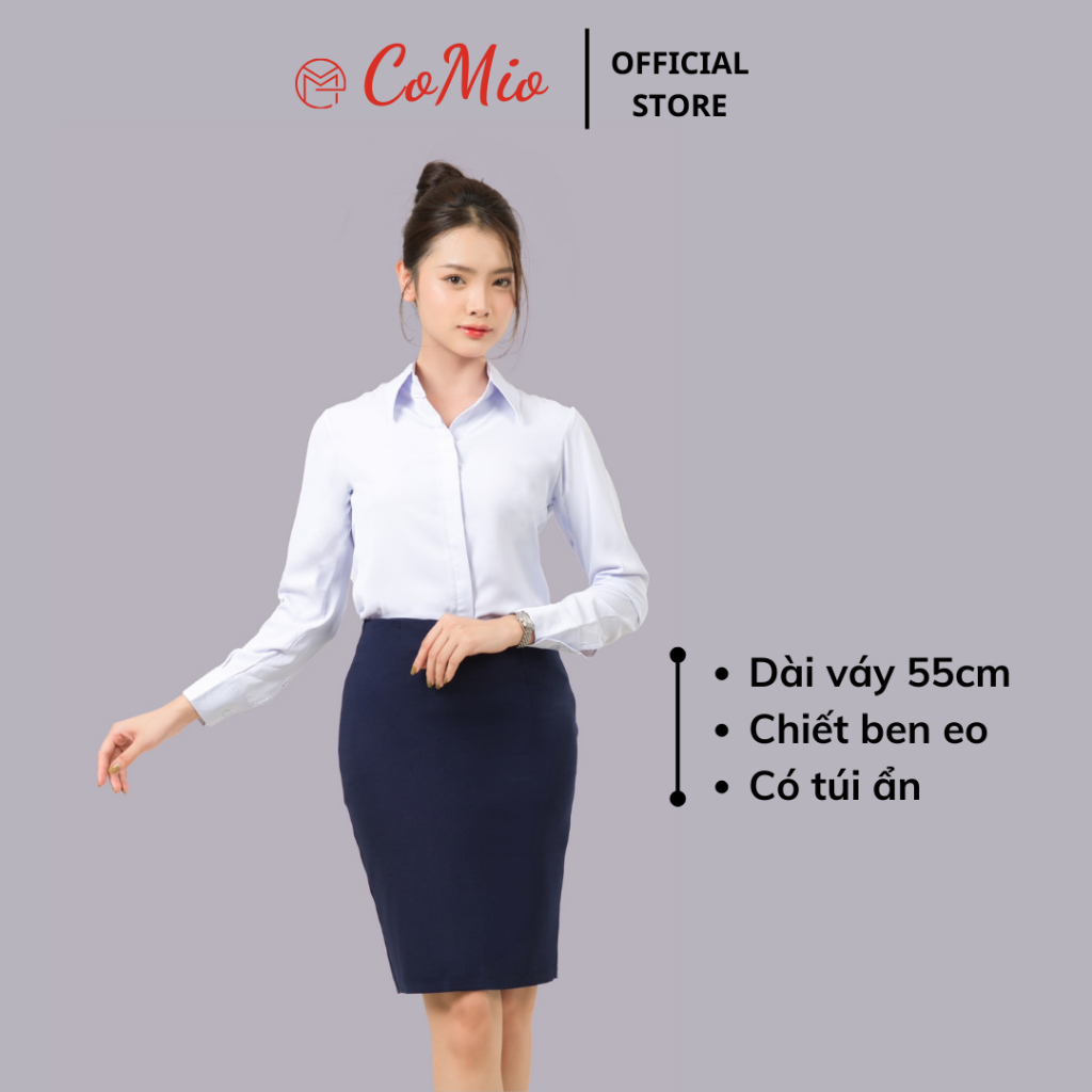 Chân váy bút chì CoMio công sở cạp cao dài 55cm có túi ẩn xẻ sau chất umi cao cấp co giãn siêu nâng mông