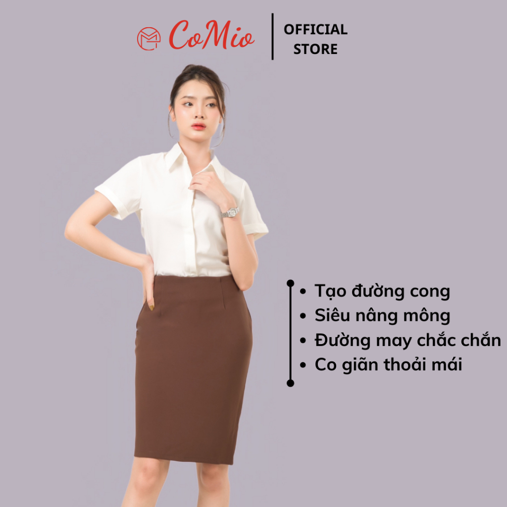 Chân váy bút chì CoMio công sở cạp cao dài 55cm có túi ẩn xẻ sau chất umi cao cấp co giãn siêu nâng mông