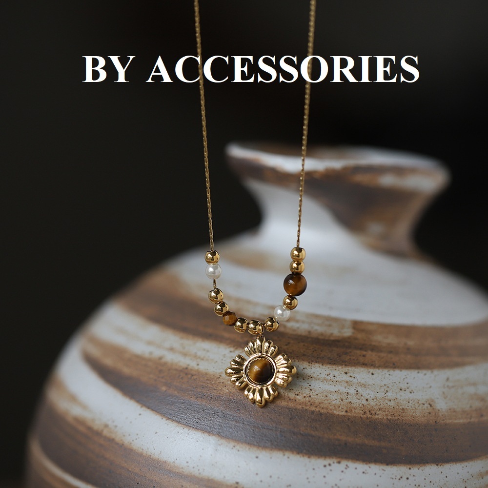 Dây chuyền nữ titan mặt hình hoa khảm đá mắt hổ mạ vàng 18K không gỉ WN2425 BY ACCESSORIES
