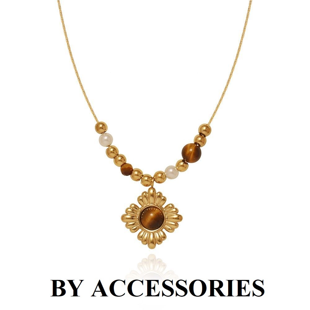 Dây chuyền nữ titan mặt hình hoa khảm đá mắt hổ mạ vàng 18K không gỉ WN2425 BY ACCESSORIES
