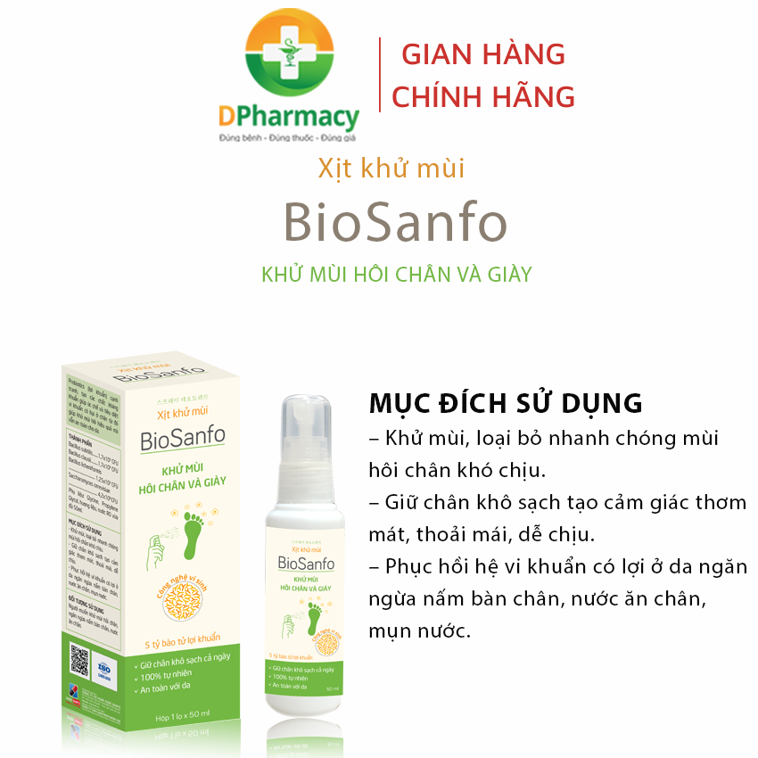 Xịt Khử Mùi BioSanfo, khử mùi hôi chân và giày, chai 50ml, mùi thơm nhẹ