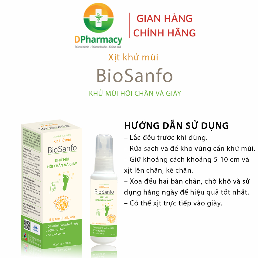 Xịt Khử Mùi BioSanfo, khử mùi hôi chân và giày, chai 50ml, mùi thơm nhẹ