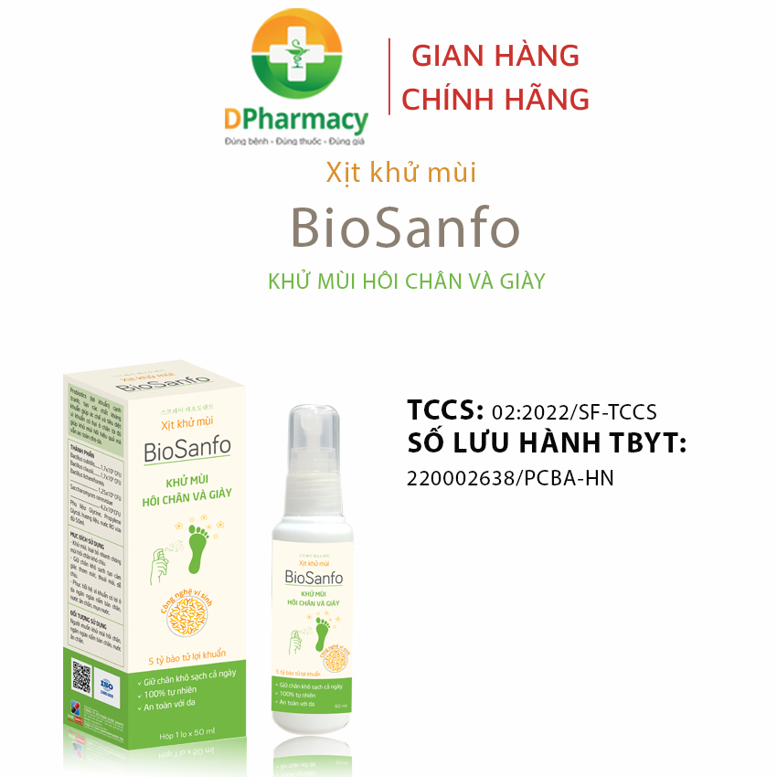 Xịt Khử Mùi BioSanfo, khử mùi hôi chân và giày, chai 50ml, mùi thơm nhẹ