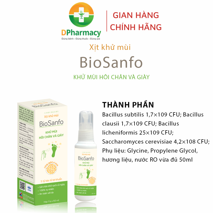 Xịt Khử Mùi BioSanfo, khử mùi hôi chân và giày, chai 50ml, mùi thơm nhẹ