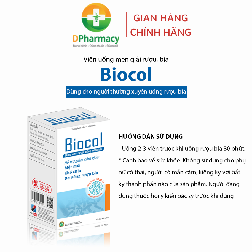 Men giải rượu BIOCOL, giảm mệt mỏi, khó chịu do uống rượu bia, hỗ trợ bảo vệ gan khi uống rượu bia
