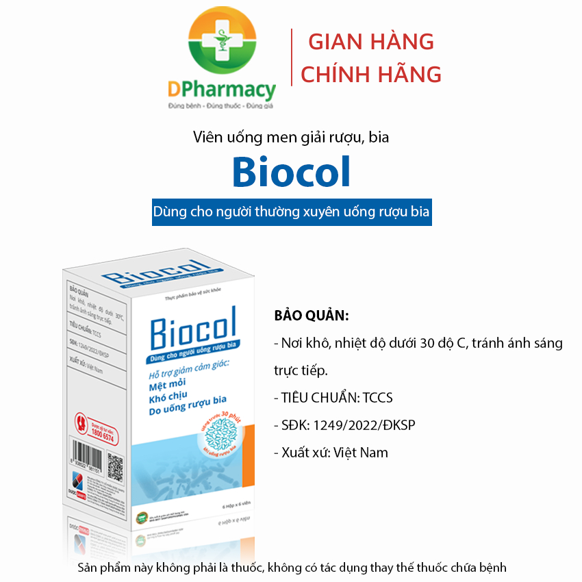Men giải rượu BIOCOL, giảm mệt mỏi, khó chịu do uống rượu bia, hỗ trợ bảo vệ gan khi uống rượu bia