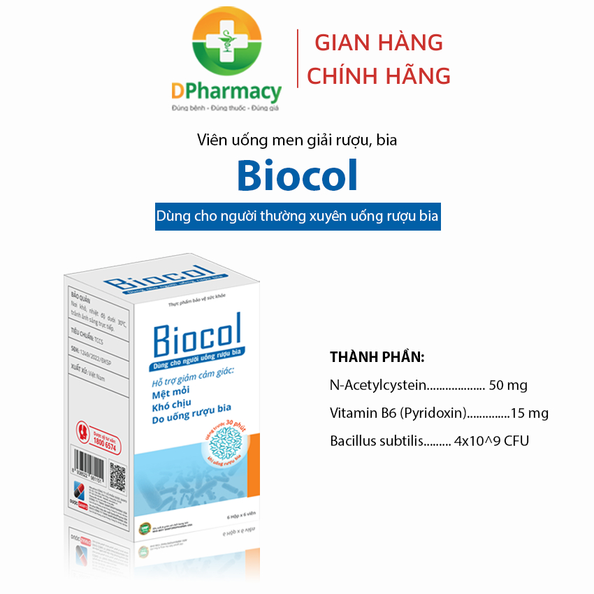 Men giải rượu BIOCOL, giảm mệt mỏi, khó chịu do uống rượu bia, hỗ trợ bảo vệ gan khi uống rượu bia