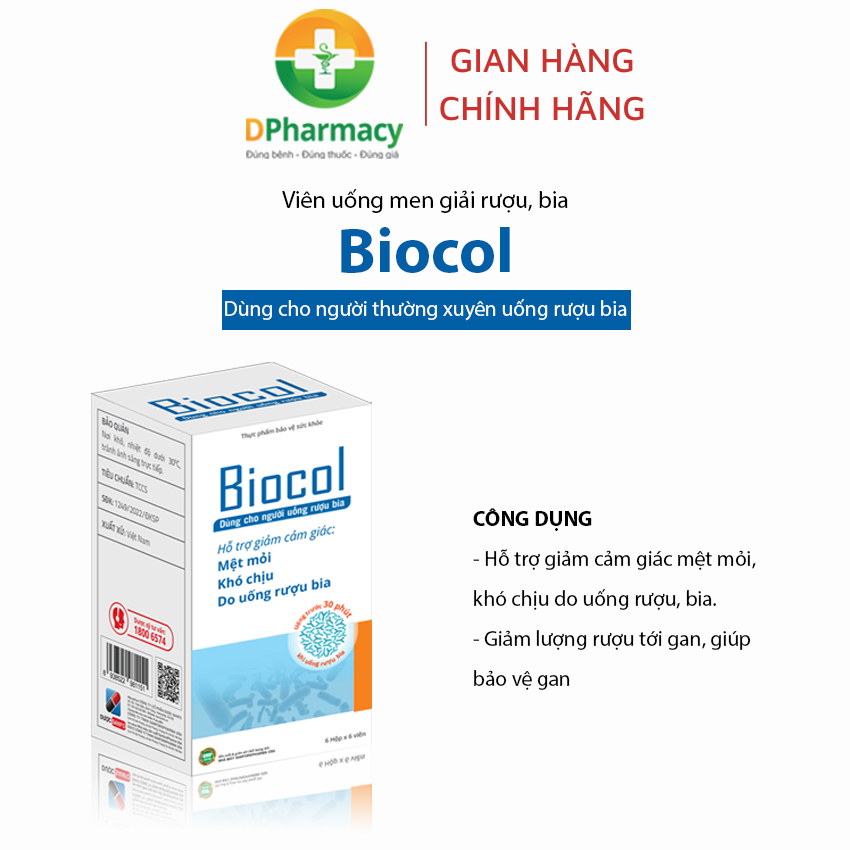 Men giải rượu BIOCOL, giảm mệt mỏi, khó chịu do uống rượu bia, hỗ trợ bảo vệ gan khi uống rượu bia
