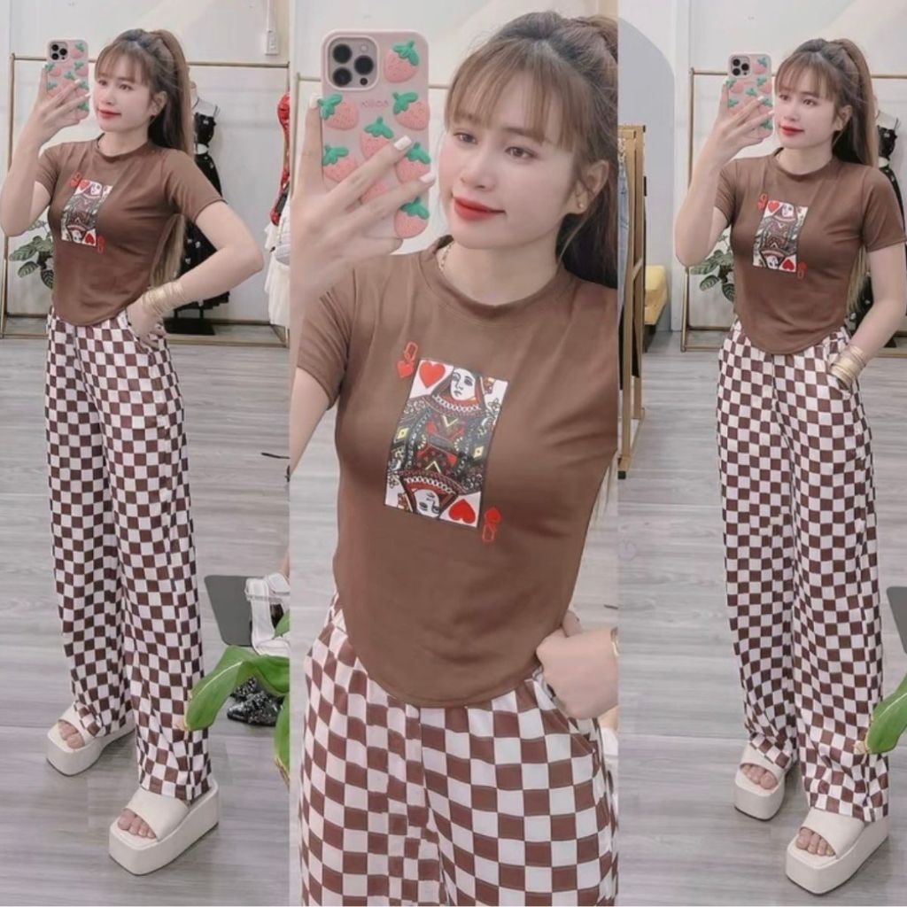 Đồ Bộ Nữ Bigsize Quần Ống Suông Cạp Cao Áo Chéo Lưng ESHOP Thun Cotton Quần Gân Form Rộng DB37