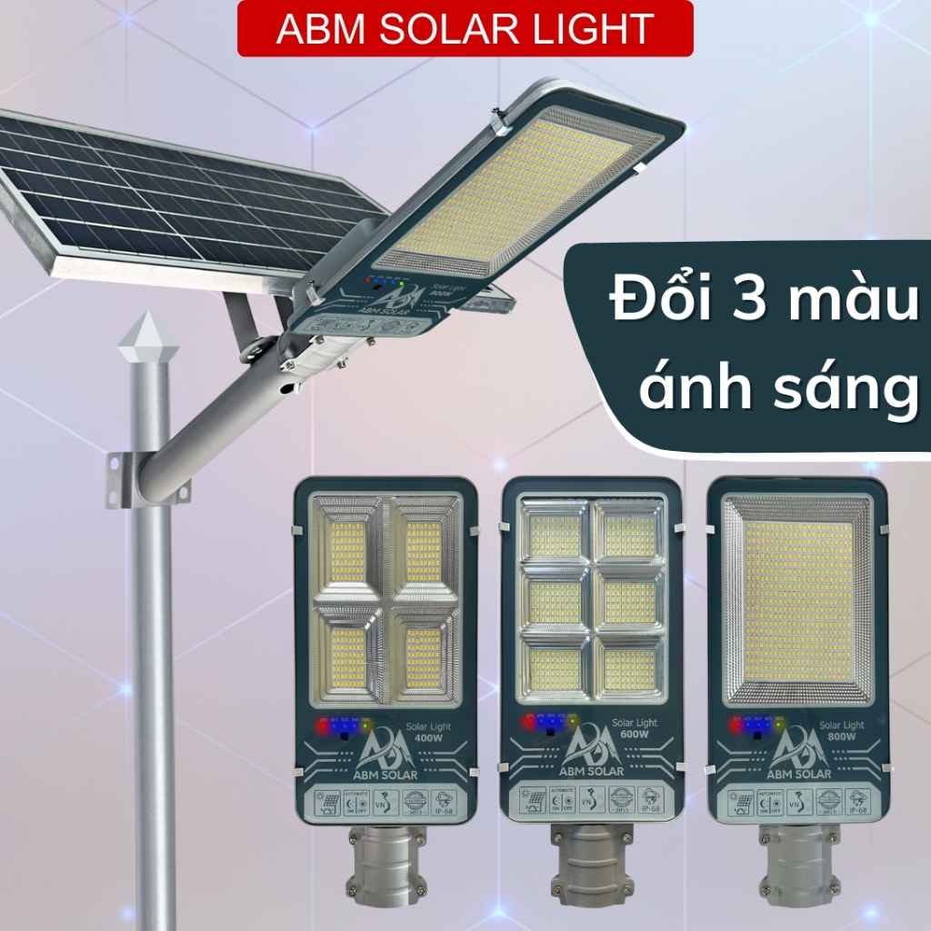 [800W] Đèn Năng Lượng Mặt Trời ABMSOLAR, Đổi 3 Màu Ánh Sáng ,Tấm Pin Mono, Vỏ Nhôm, IP68 Chống Nước