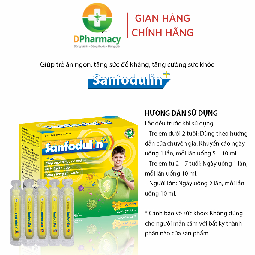 Tăng đề kháng Siro Sanfodulin +, hỗ trợ tăng sức đề kháng, giảm nguy cơ viêm họng, viêm mũi ở trẻ