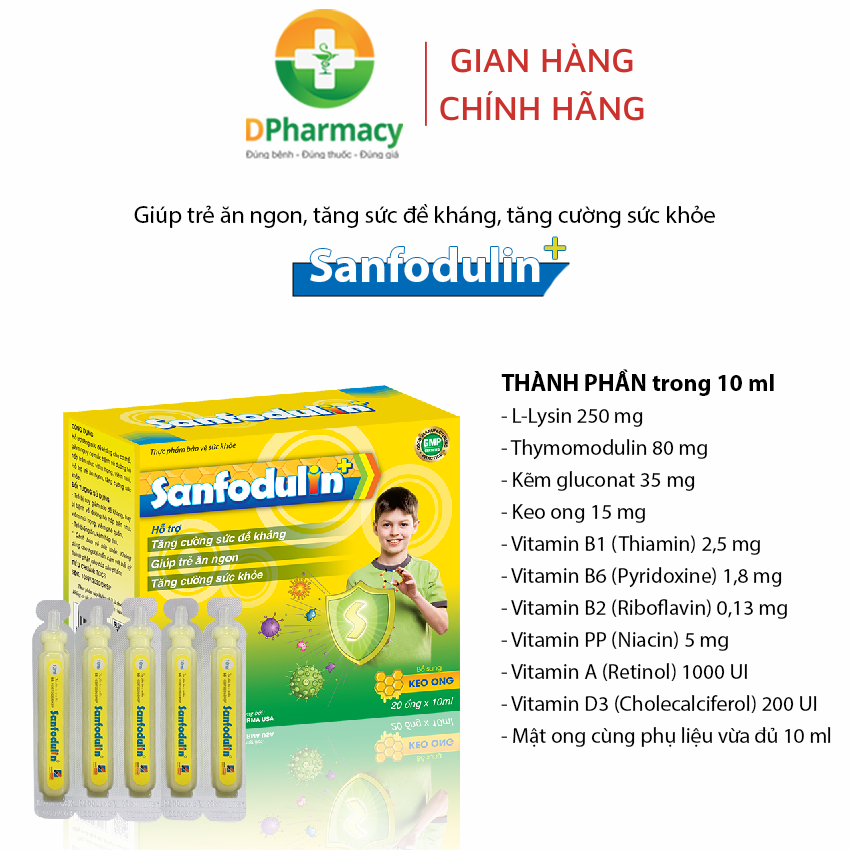 Tăng đề kháng Siro Sanfodulin +, hỗ trợ tăng sức đề kháng, giảm nguy cơ viêm họng, viêm mũi ở trẻ