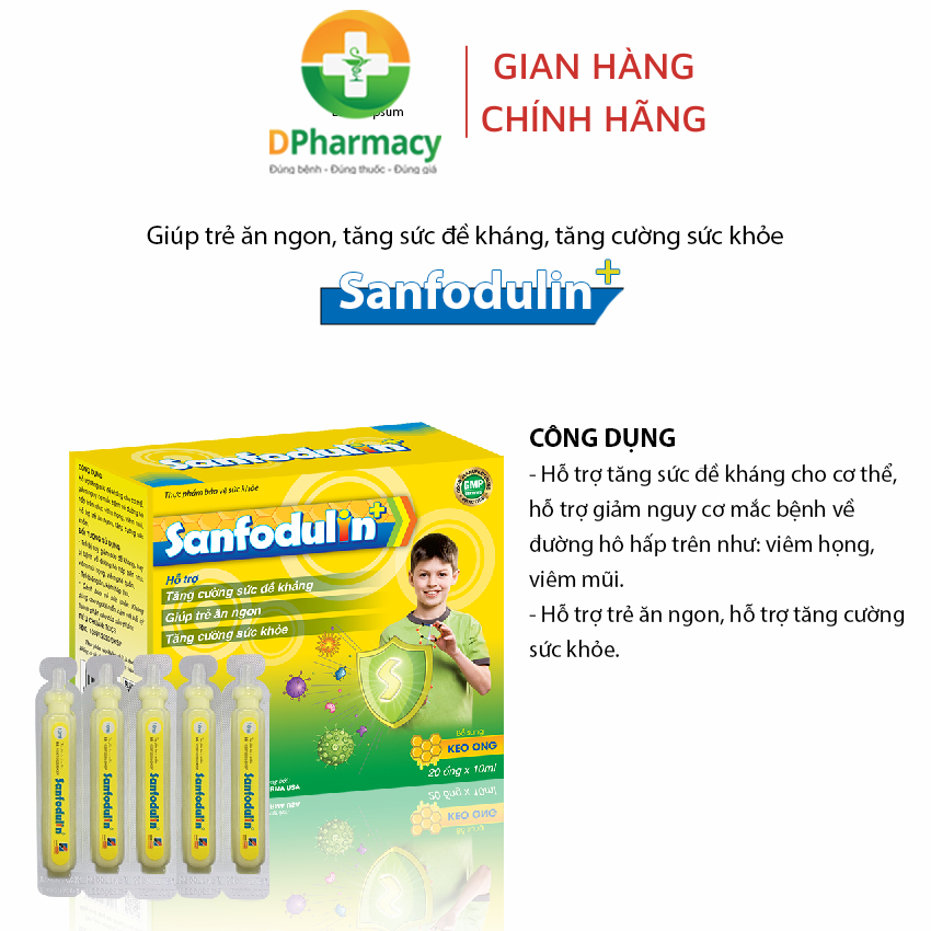 Tăng đề kháng Siro Sanfodulin +, hỗ trợ tăng sức đề kháng, giảm nguy cơ viêm họng, viêm mũi ở trẻ