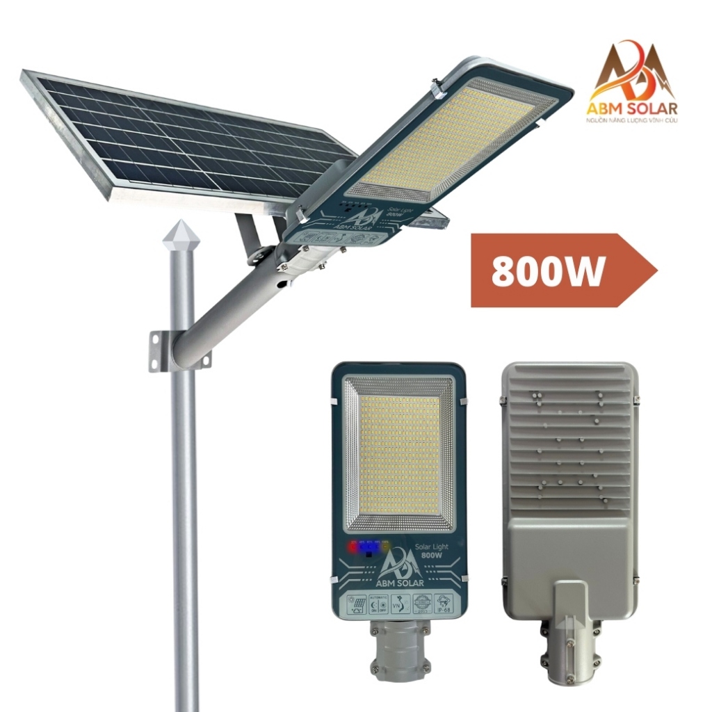 Đèn Đường Năng Lượng Mặt Trời 800W ABM Solar, Tấm Pin Monosilicon, Chống Nước IP68, Sáng 12-16H, Đèn Sân Vườn Ngoài Trời
