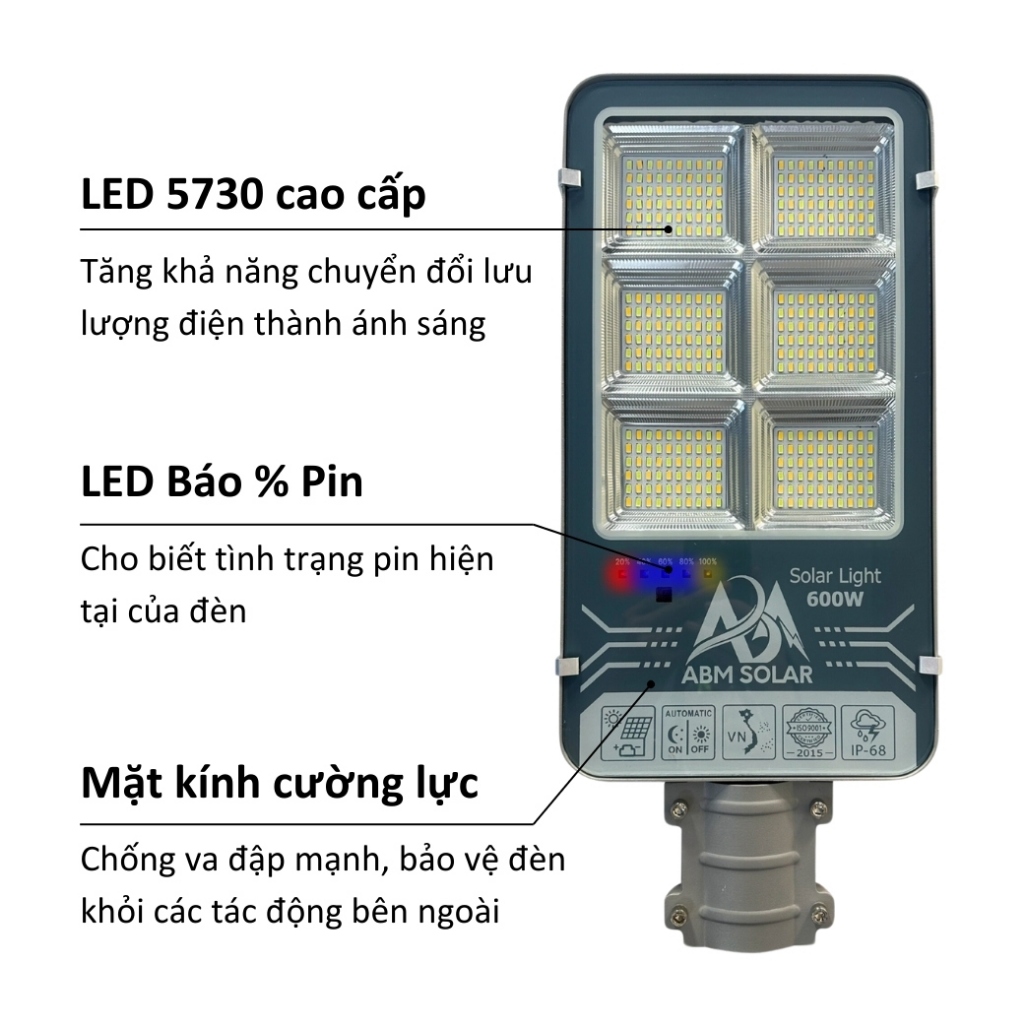 [600W] Đèn Đường Năng Lượng Mặt Trời Chiếu Sáng Đường Phố Sân Vườn, Đổi Màu Ánh Sáng, Vỏ Nhôm - ABM