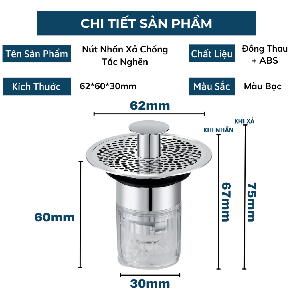 Nút Nhấn Xả Lọc Rác Ngăn Mùi Bồn Rửa Mặt Lavabo Inox + Lõi Đồng Cao Cấp HC006 BEBEHOUSE