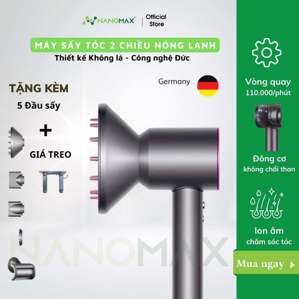 Ảnh Máy Sấy Tóc NANOMAX High Speed 2 Chiều Nóng Lạnh Thiết Kế Không Lá Động Cơ Không Chổi Than 3 Tốc Độ Sấy 3 Chế Độ Nhiệt 1