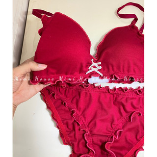 Set đồ lót cotton đỏ viền bèo - handmade by Mimi house