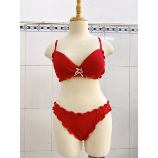Set đồ lót cotton đỏ viền bèo - handmade by Mimi house