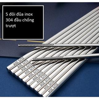 Set 5 Đôi Đũa Inox Chất Lượng Cao 33gr/đôi Có Khắc Laser Chống Trượt