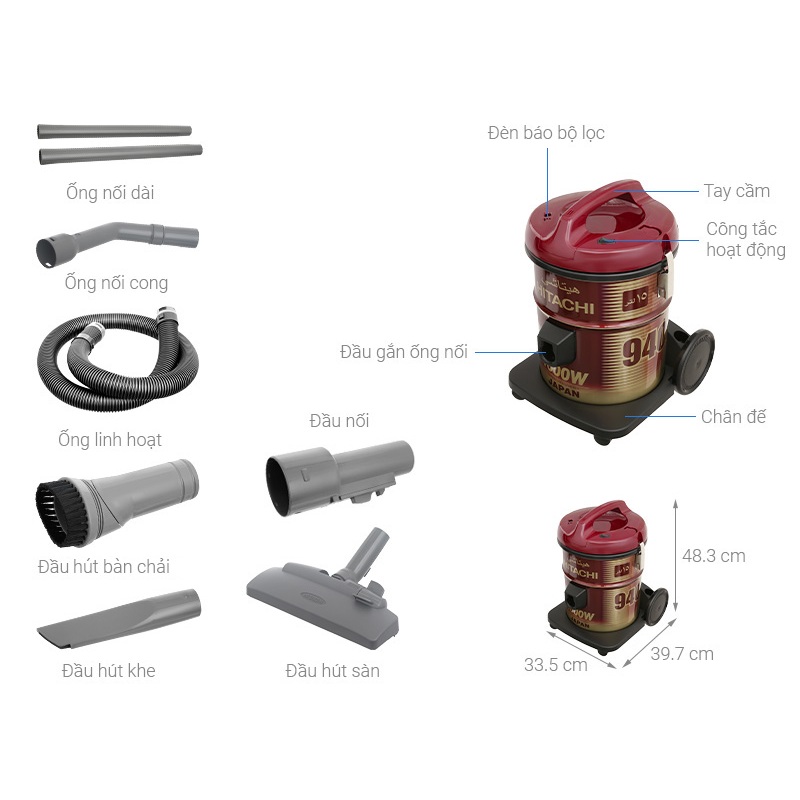 Máy Hút Bụi Công Nghiệp Hitachi CV-940Y 24CV 2 Màu Đỏ Màu Bạc Dung Tích ...