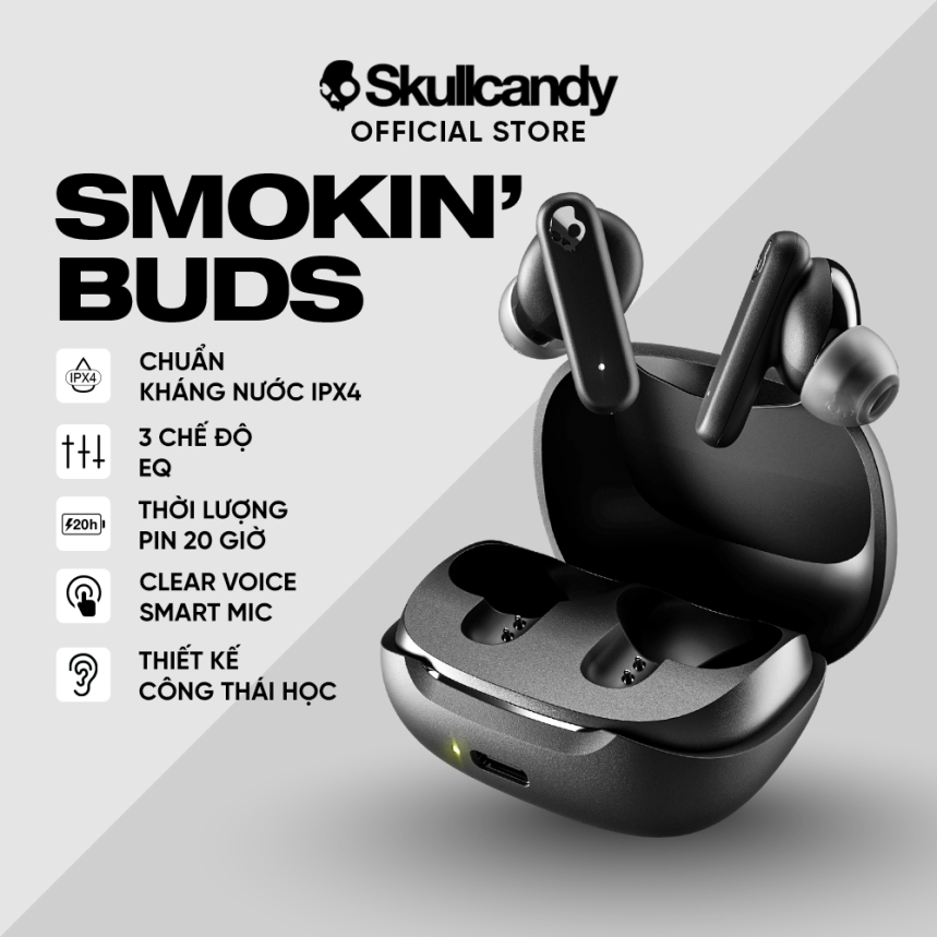 [THƯƠNG HIỆU MỸ] Tai nghe bluetooth, có mic, chống ồn thụ động, chế độ EQ,pin 20h SKULLCANDY SMOKIN BUDS- BẢO HÀNH 1 NĂM