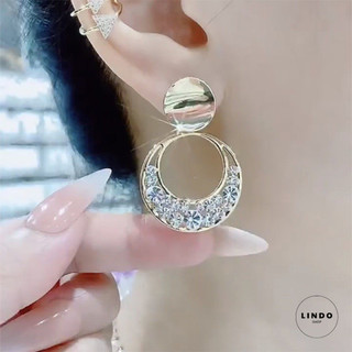 Bông Tai Tròn To Đính Đá LINDO, Bông Tai Thời Trang Nữ Phong Cách Hàn Quốc Thích Hợp Đeo Đi Chơi, Dự Tiệc, Chụp Hình