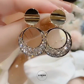 Bông Tai Tròn To Đính Đá LINDO, Bông Tai Thời Trang Nữ Phong Cách Hàn Quốc Thích Hợp Đeo Đi Chơi, Dự Tiệc, Chụp Hình