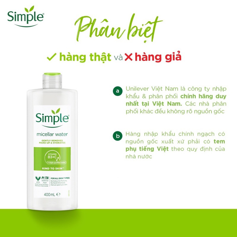 Nước tẩy trang Simple Micellar làm sạch trang điểm vượt trội và cấp ẩm tức thì cho da 200ml, 400ml