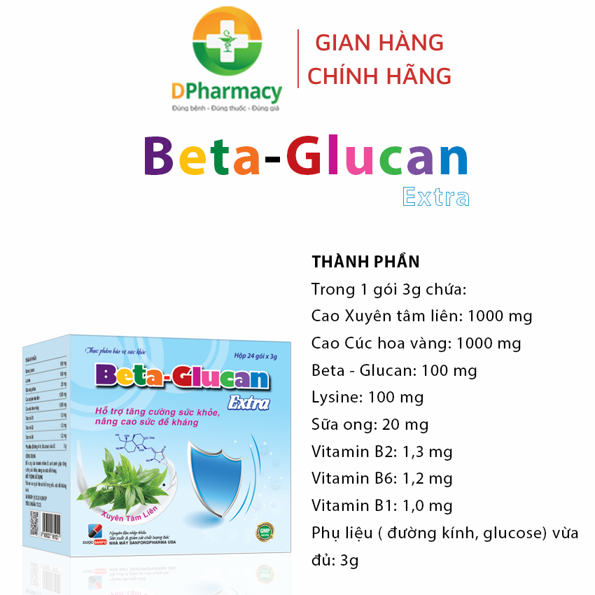 Hộp 24 gói x 3g. Beta-Glucan Extra tăng sức đề kháng, tăng khả năng phòng bệnh ốm vặt, cảm cúm vặt