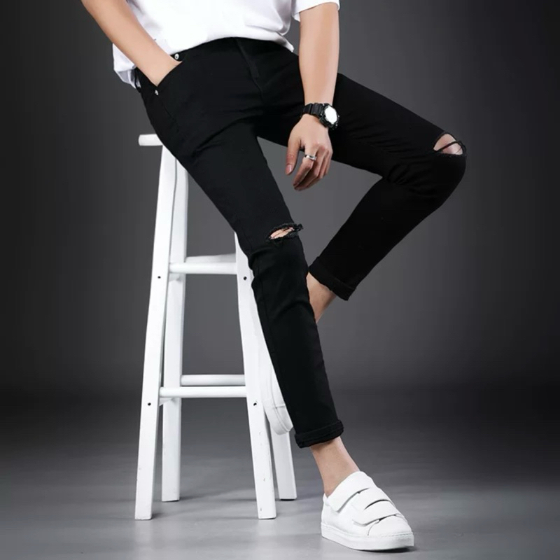 Quần jean nam boy phố rách vá gối màu đen đậm chất bò cao cấp co dãn 4 ...