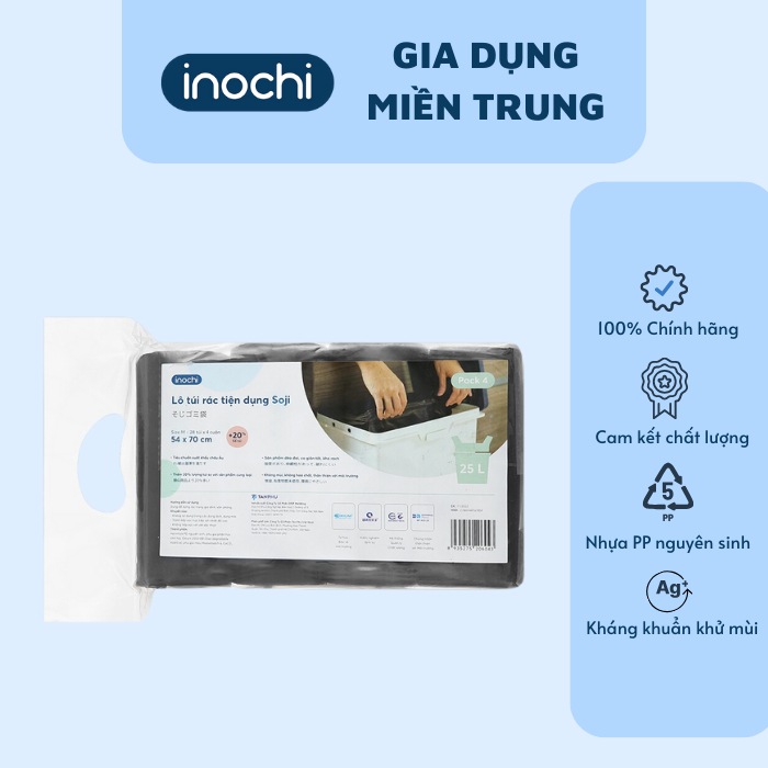 Lô 4 cuộn túi rác INOCHI tiện dụng 25L màu đen, túi có quai xách chắc ...