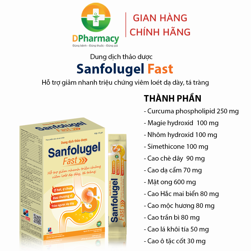 Gel thảo dược Sanfolugel Fast, hỗ trợ giảm nhanh cơn đau dạ dày, ợ hơi, ợ chua khó chịu