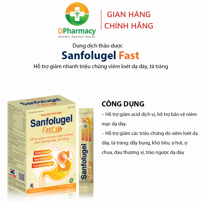 Gel thảo dược Sanfolugel Fast, hỗ trợ giảm nhanh cơn đau dạ dày, ợ hơi, ợ chua khó chịu