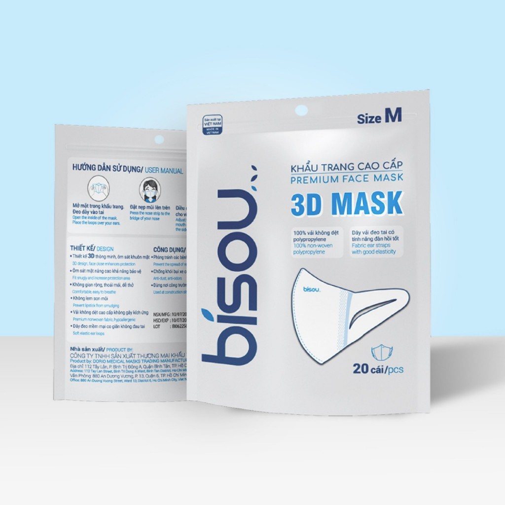 Túi 20 cái khẩu trang cao cấp 3D dây vải size M hiệu BISOU