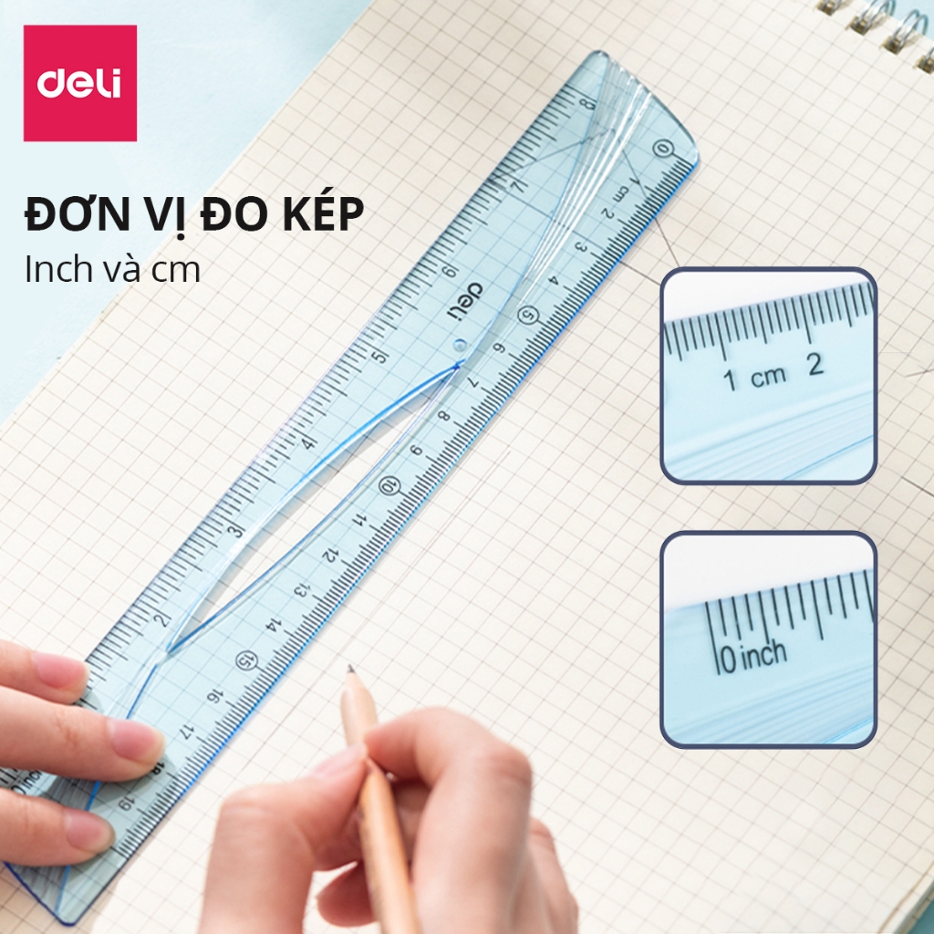 Thước kẻ trong suốt Deli - 20/ 30cm - Chất liệu PS bền chống trầy xước - Phù hợp với học sinh dân văn phòng học tập