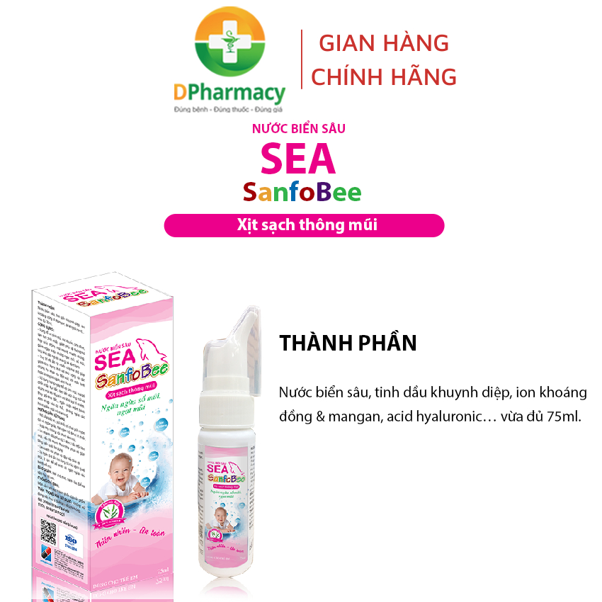 Nước biển sâu Sea Sanfobee, hỗ trợ vệ sinh mũi, long đờm, giảm triệu chứng ngạt mũi, sổ mũi, 75ml