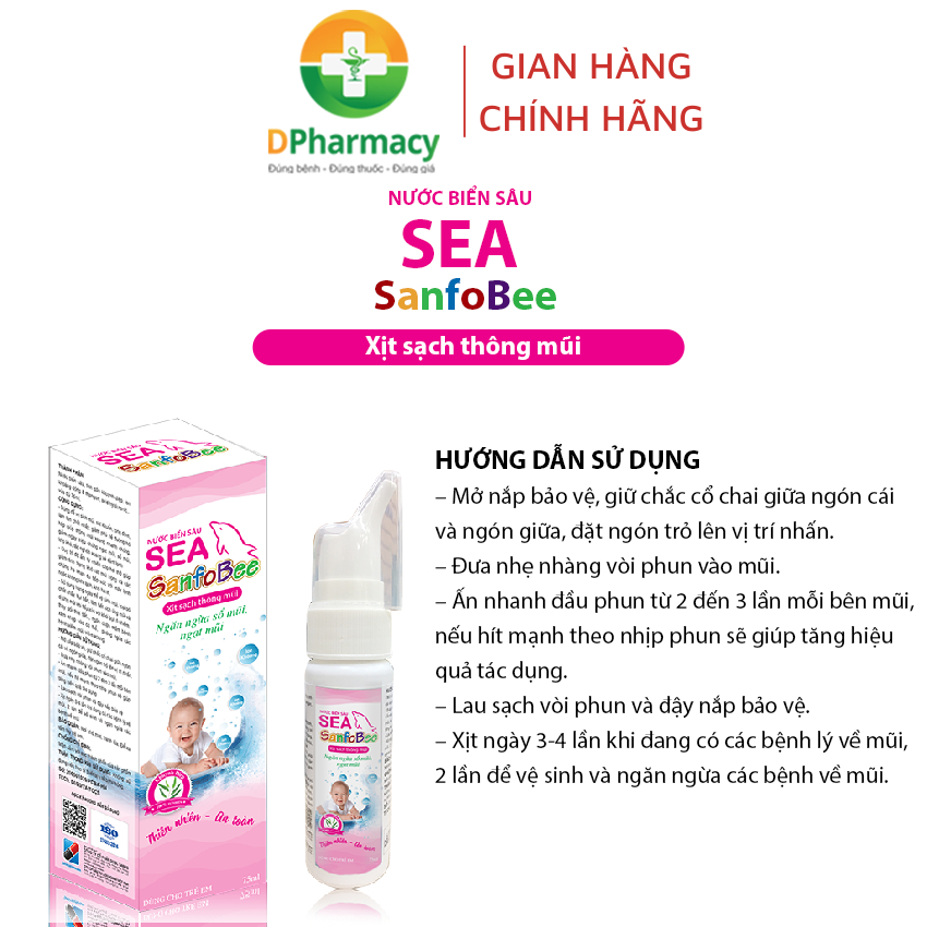 Nước biển sâu Sea Sanfobee, hỗ trợ vệ sinh mũi, long đờm, giảm triệu chứng ngạt mũi, sổ mũi, 75ml