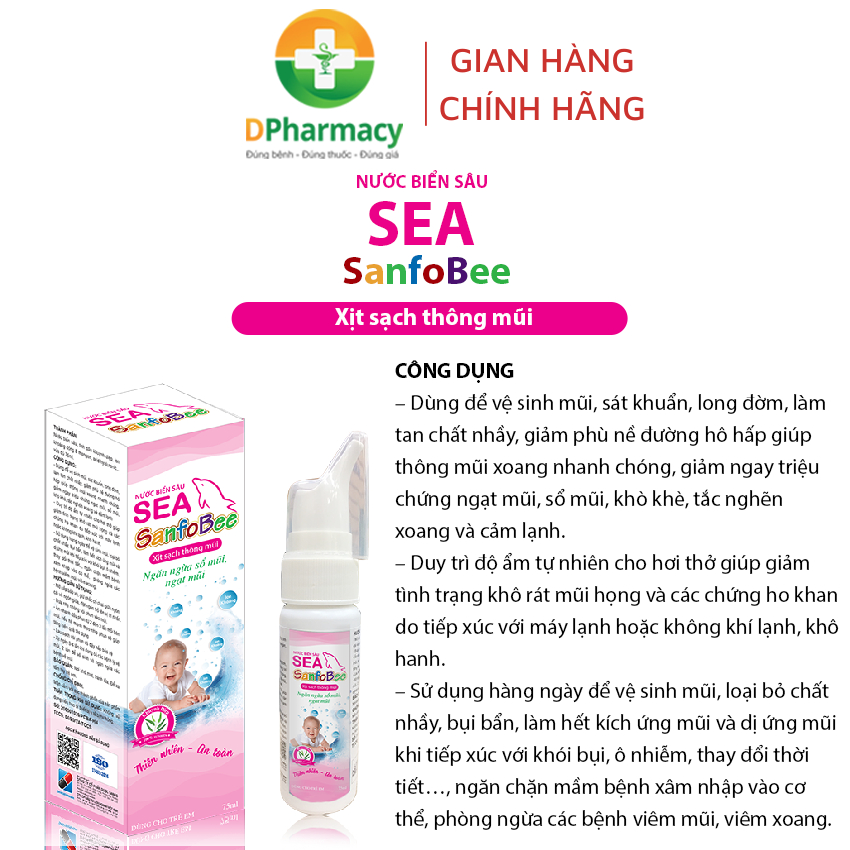 Nước biển sâu Sea Sanfobee, hỗ trợ vệ sinh mũi, long đờm, giảm triệu chứng ngạt mũi, sổ mũi, 75ml