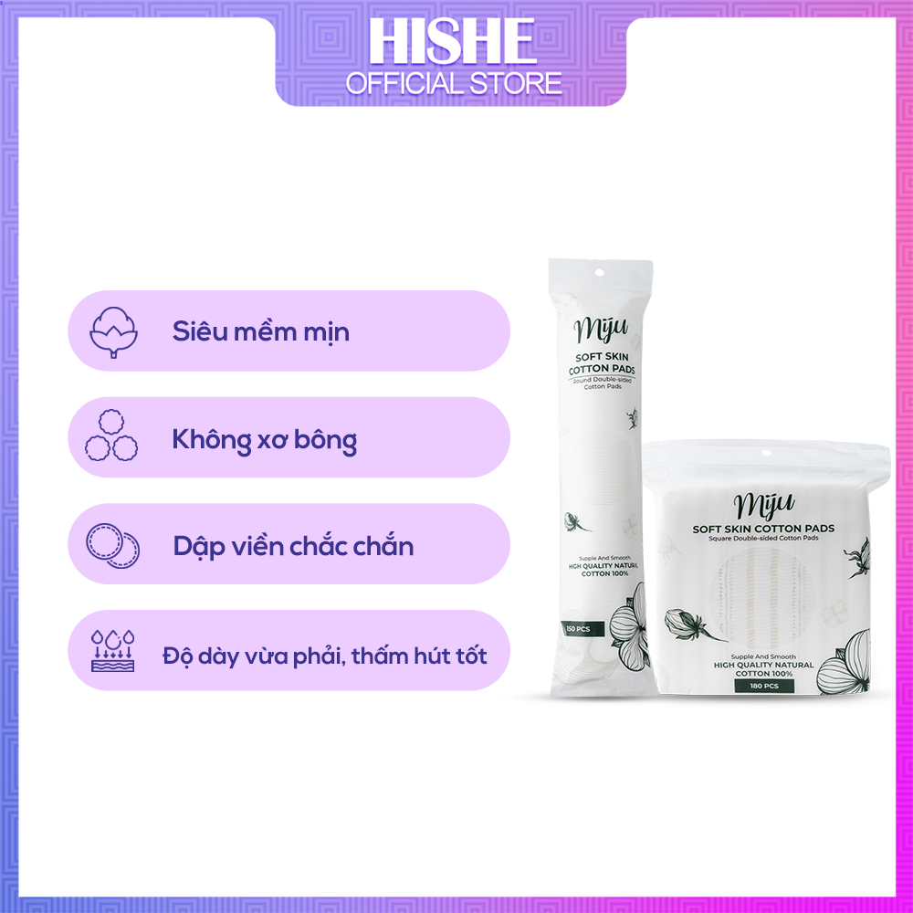 Bông tẩy trang 100% cotton Miju - Dạng tròn/vuông - Dập viền chắc chắn - Không xơ bông